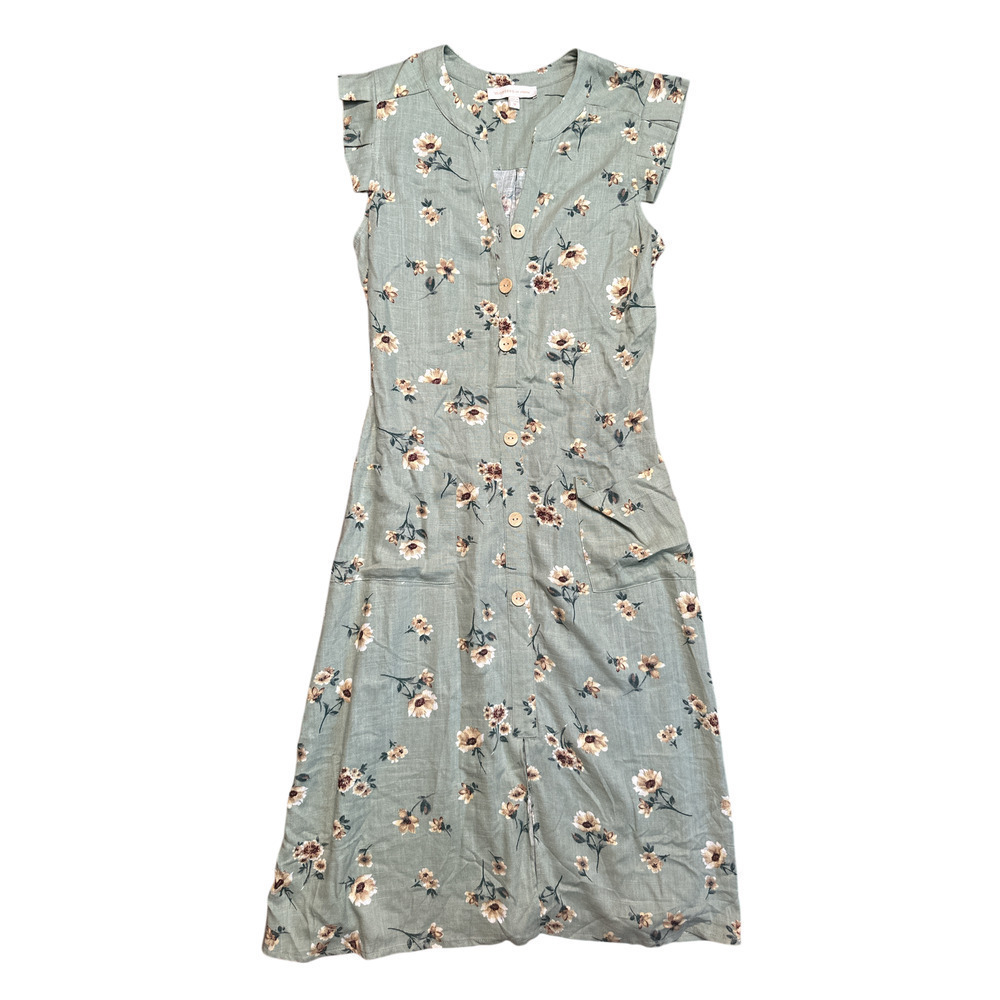 Monteau Sage Green Flower Linen Blend Sleeveless Sundress Flutter Sleeves Size M